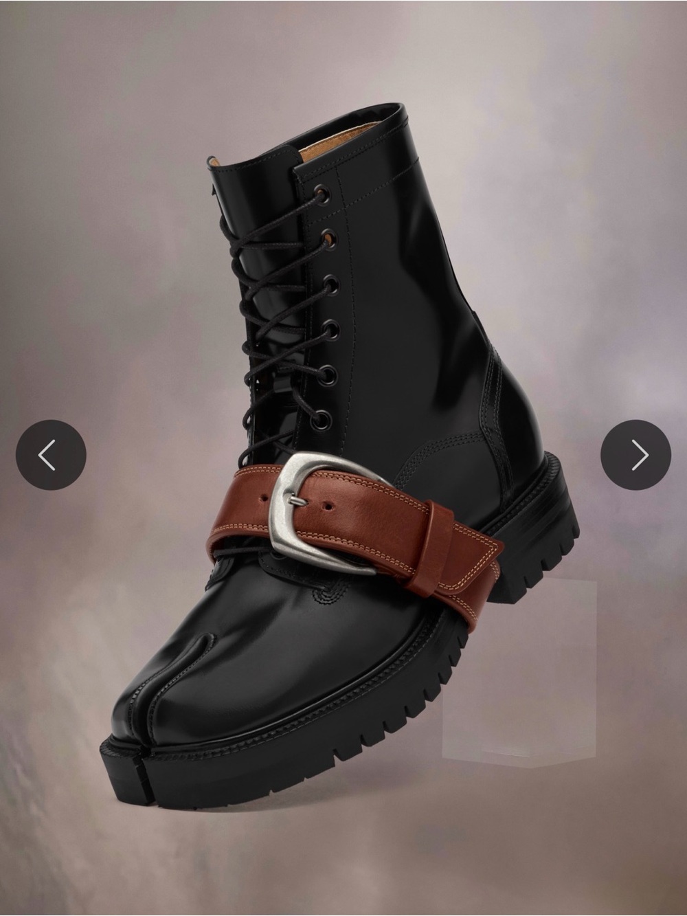 Maison Martin Margiela Black Leather Split-Toe Lace Boot with Brown Strap